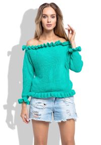 Fobya - Zielony Sweter z Dekoltem Typu Carmen. Typ kołnierza: typu carmen. Kolor: zielony. Materiał: akryl #1