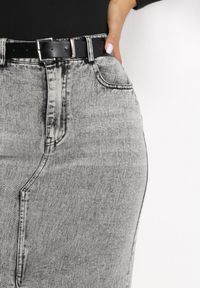Born2be - Szara Jeansowa Spódnica Maxi z Paskiem Goergen. Stan: podwyższony. Kolor: szary. Materiał: jeans. Wzór: aplikacja #3
