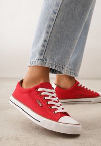 Born2be - Czerwone Klasyczne Trampki do Kostki z Lamówką przy Podeszwie Kasiope. Okazja: na co dzień. Kolor: czerwony. Materiał: jeans. Styl: klasyczny #4