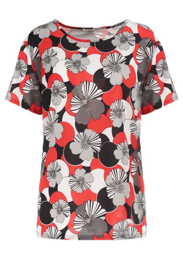 Born2be - Czerwona Bluzka Phoebippe. Okazja: na co dzień. Kolekcja: plus size. Kolor: czerwony. Materiał: tkanina. Długość rękawa: krótki rękaw. Długość: krótkie. Wzór: kwiaty. Styl: casual
