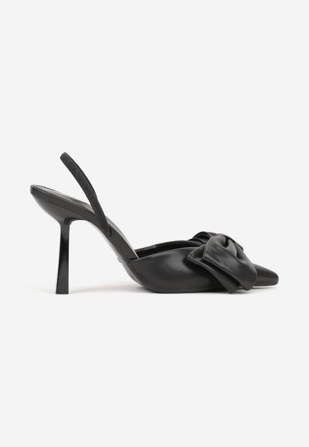 Born2be - Czarne Sandały na Szpilce Typu Slingback z Kokardą Liorafera. Okazja: na co dzień. Kolor: czarny. Materiał: jeans. Wzór: aplikacja. Obcas: na szpilce. Styl: casual