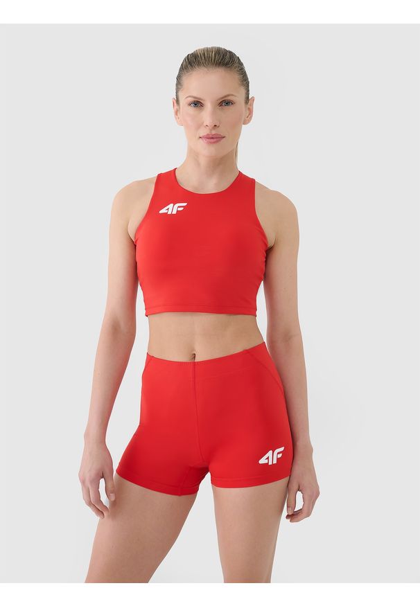 4f - 4F Biustonosz treningowy ze średnim wsparciem damski - czerwony L. Kolor: czerwony. Materiał: dzianina, elastan, włókno, syntetyk, materiał, guma. Rodzaj stanika: wyciągane miseczki. Wzór: gładki, jednolity, ze splotem. Sport: fitness, bieganie, kolarstwo