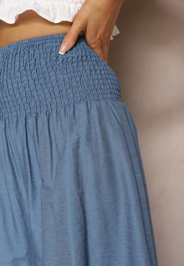 Renee - Jasnoniebieskie Spodnie Kuloty z Bawełny High Waist o Szerokim Kroju Wykończone Gumką w Pasie Alifrea. Okazja: na co dzień. Stan: podwyższony. Kolor: niebieski. Materiał: bawełna. Styl: elegancki, casual