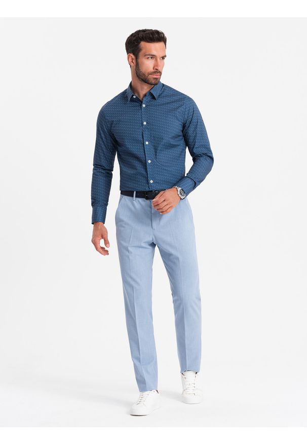 Ombre Clothing - Bawełniana koszula męska we wzory SLIM FIT - niebieska V4 - Rozmiar: S. Kolor: niebieski. Materiał: bawełna. Styl: klasyczny