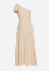 Born2be - Beżowa Koktajlowa Asymetryczna Sukienka z Kokardą na Ramieniu Vimarellia. Okazja: na imprezę. Typ kołnierza: kokarda. Kolor: beżowy. Typ sukienki: asymetryczne. Styl: wizytowy #4