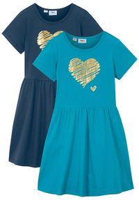 bonprix - Sukienka z dżerseju z czystej bawełny organicznej (2 szt.). Kolor: niebieski. Materiał: jersey, bawełna. Długość rękawa: krótki rękaw. Wzór: nadruk. Typ sukienki: rozkloszowane #1