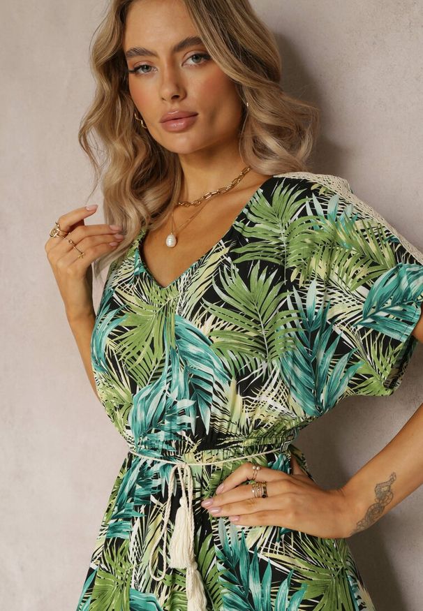 Renee - Zielono-Czarna Maxi Sukienka z Wiskozy w Kwiatowy Print ze Sznurkiem w Talii Anukka. Kolor: zielony. Materiał: wiskoza. Wzór: kwiaty, nadruk. Długość: maxi