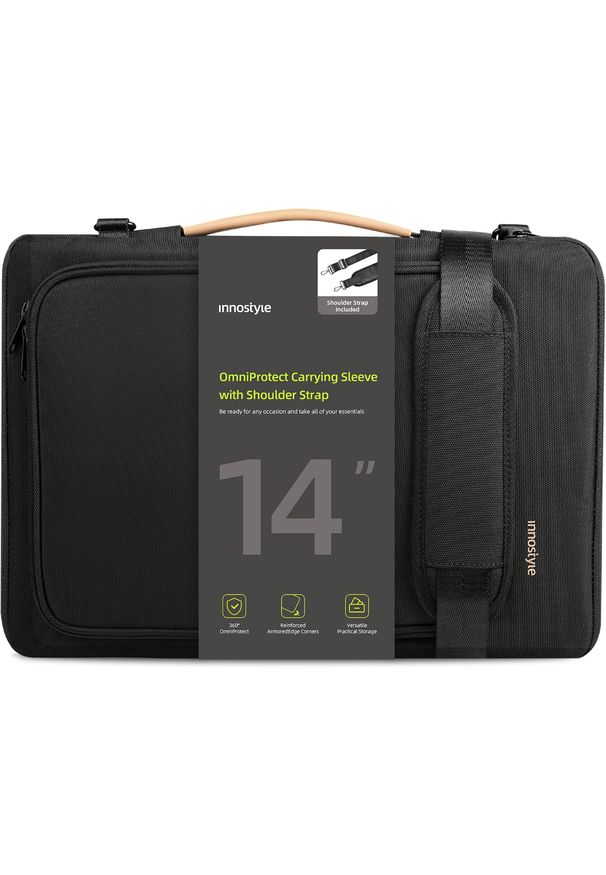 Innostyle - Torba na laptop 14" INNOSTYLE, wodoodporna, etui z paskiem, czarna. Kolor: czarny