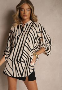 Renee - Beżowa Koszula z Bawełną o Geometrycznym Motywie Amorria. Okazja: na co dzień, na imprezę. Kolor: beżowy. Materiał: bawełna. Wzór: geometria. Styl: elegancki, casual