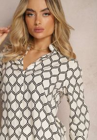 Renee - Jasnobeżowa Klasyczna Koszula w Geometryczny Print z Wiskozy i Bawełny Kullia. Kolor: beżowy. Materiał: bawełna, wiskoza. Wzór: geometria, nadruk. Styl: klasyczny