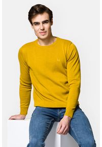Lancerto - Sweter Musztardowy Bawełniany Gładki Jason. Kolor: żółty. Materiał: bawełna. Wzór: gładki