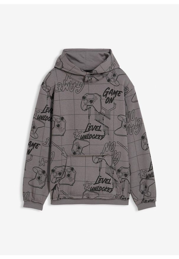 bonprix - Bluza z kapturem z miękkiej mieszanki bawełny. Typ kołnierza: kaptur. Kolor: szary. Materiał: bawełna. Wzór: nadruk