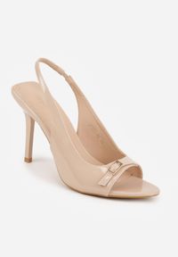 Renee - Ciemnobeżowe Sandały Lakierowane VICES na Szpilce Slingback z Metaliczną Klamrą Harmonia. Zapięcie: klamry. Kolor: beżowy. Materiał: lakier. Obcas: na szpilce. Styl: glamour, elegancki #5