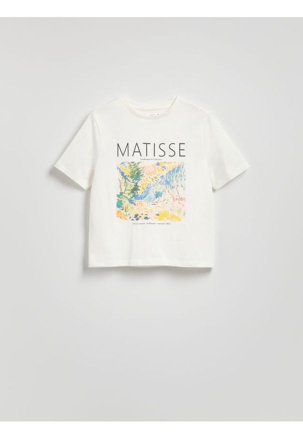 Reserved - Bawełniany t-shirt z nadrukiem - złamana biel. Materiał: bawełna. Wzór: nadruk