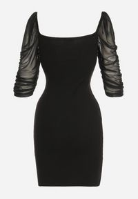 Born2be - Czarna Bawełniana Dopasowana Sukienka Mini z Przeźroczystymi Rękawami 3/4 Ferdiana. Okazja: na imprezę. Kolor: czarny. Materiał: bawełna. Typ sukienki: dopasowane. Styl: elegancki. Długość: mini #4