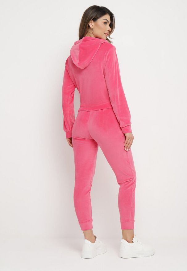 Born2be - Fuksjowy Welurowy Komplet Dresowy Bluza z Kapturem i Spodnie Petyra. Kolor: różowy. Materiał: dresówka, welur. Wzór: jednolity