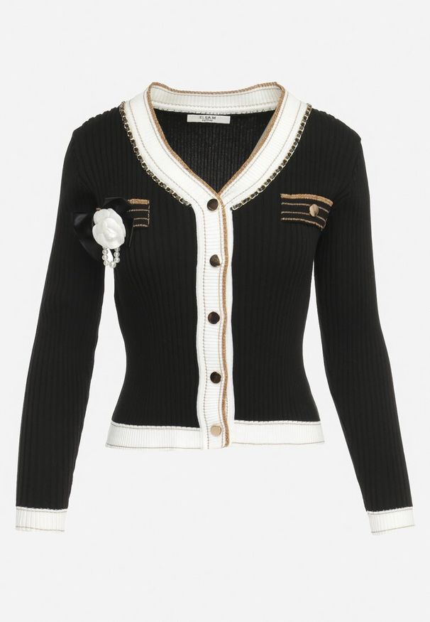 Born2be - Czarny Wiskozowy Kardigan z Ozdobnym Łańcuszkiem i Broszką oraz Metaliczną Nicią Niten. Kolor: czarny. Materiał: wiskoza