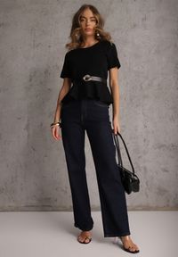 Renee - Czarna Dzianinowa Bluzka Baskinka z Paskiem i Klamrą Megassa. Kolor: czarny. Materiał: dzianina #6