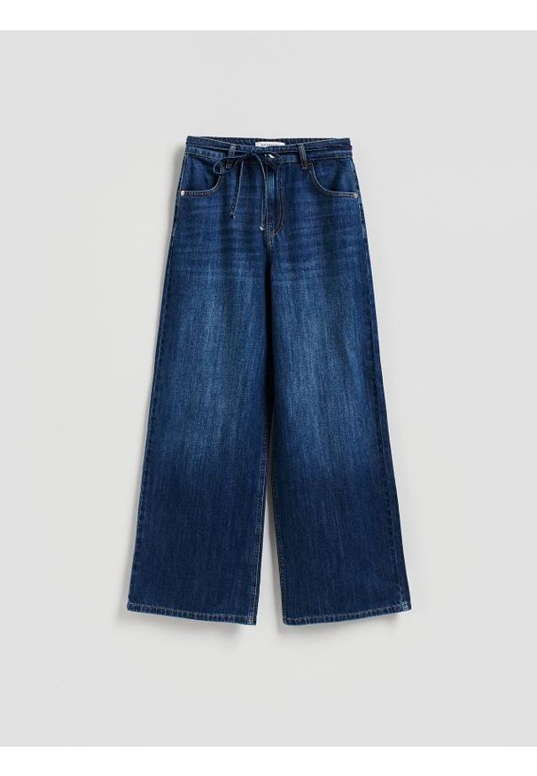 Reserved - Jeansy wide leg z wiązaniem - niebieski. Kolor: niebieski