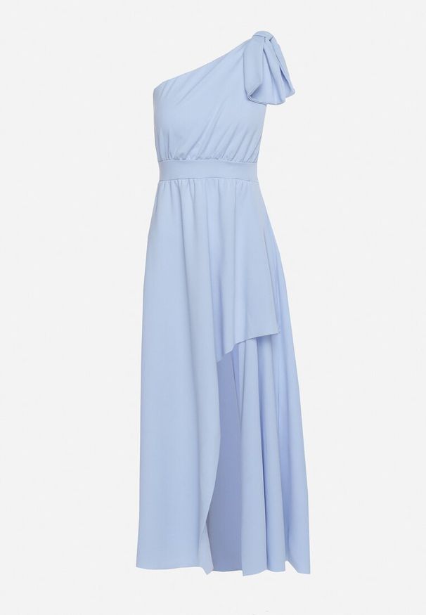 Born2be - Jasnoniebieska Koktajlowa Asymetryczna Sukienka z Kokardą na Ramieniu Vimarellia. Okazja: na imprezę. Typ kołnierza: kokarda. Kolor: niebieski. Typ sukienki: asymetryczne. Styl: wizytowy