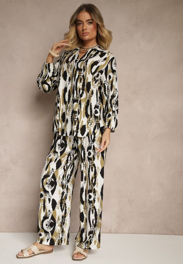 Renee - Czarno-Beżowy Komplet z Wiskozą Bluzka o Koszulowym Kroju i Szerokie Spodnie Sariliana. Kolor: czarny. Materiał: wiskoza