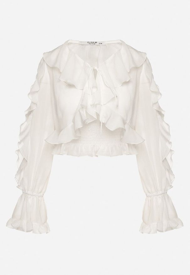 Born2be - Biała Bluzka z Wiązaniem i Falbankami z Dodatkowym Topem na Ramiączkach Mirasiela. Okazja: na co dzień. Typ kołnierza: kołnierz z falbankami. Kolor: biały. Materiał: jeans. Długość rękawa: na ramiączkach. Długość: długie. Wzór: aplikacja. Styl: elegancki, casual