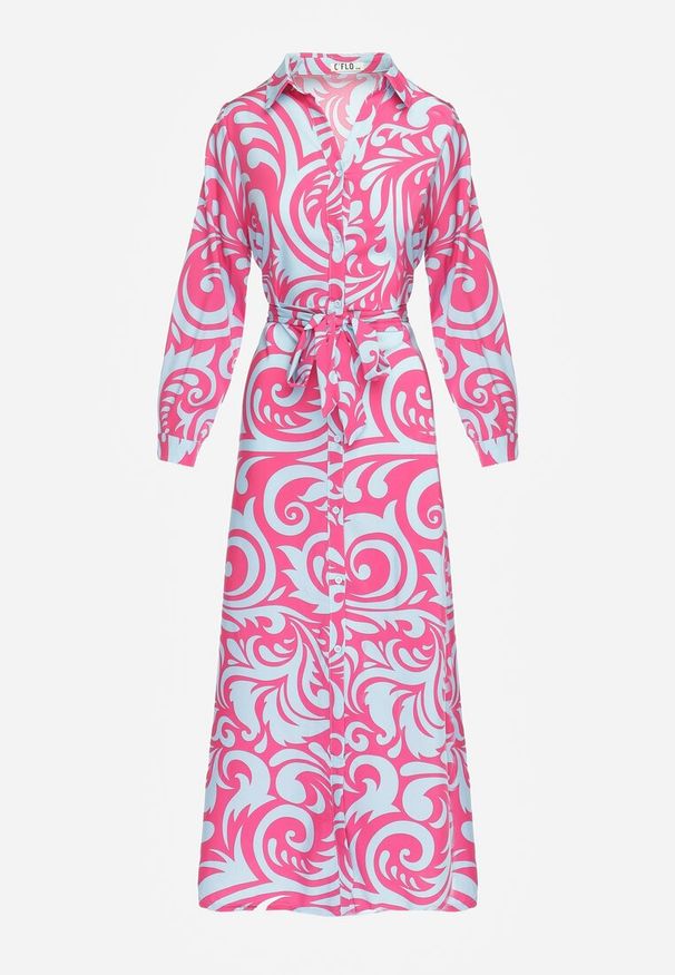 Renee - Fuksjowo-Niebieska Sukienka Koszulowa Maxi z Materiałowym Paskiem w Abstrakcyjny Print Lirans. Kolor: niebieski. Materiał: materiał. Wzór: nadruk. Typ sukienki: koszulowe. Długość: maxi