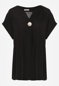 Renee - Czarna Bluzka z Lnem i Wiskozą o Nietoperzowym Kroju z Krótkim Rękawem Herira. Okazja: na co dzień. Typ kołnierza: dekolt w serek. Kolor: czarny. Długość: krótkie. Wzór: aplikacja. Materiał: wiskoza, len. Długość rękawa: krótki rękaw. Sezon: lato. Styl: casual, elegancki #2