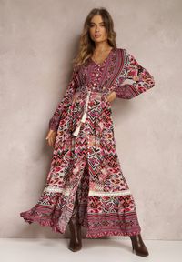 Renee - Fuksjowa Sukienka z Gumką w Talii w Etno Wzór Kapha. Kolor: różowy. Materiał: tkanina. Styl: etno #1