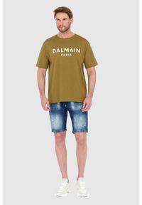 Balmain - BALMAIN Zielony t-shirt męski z drukowanym białym logo, Rozmiar 2XL. Kolor: zielony #5