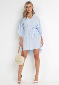 Born2be - Niebieska Pudełkowa Sukienka z Haftem i Wiązanym Paskiem Corothee. Kolor: niebieski. Materiał: materiał. Wzór: haft #4