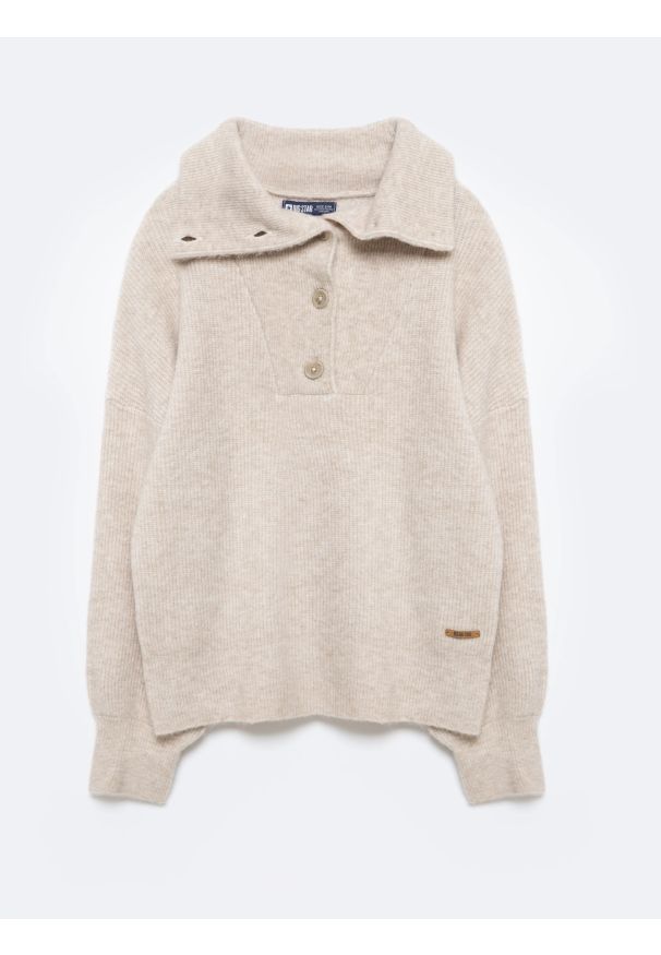 Big-Star - Sweter damski z rozpinanym golfem beżowy Pulina 801. Okazja: na co dzień. Typ kołnierza: golf. Kolor: beżowy. Materiał: skóra, jeans, materiał. Styl: casual, retro