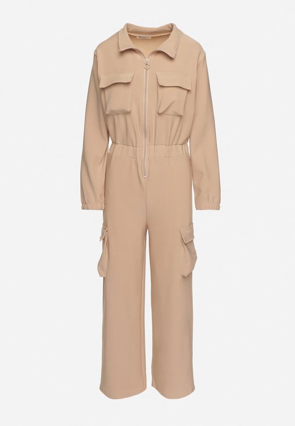 Born2be - Ciemnobeżowy Kombinezon Utility z Szerokimi Nogawkami o Taliowanym Kroju Liarose. Okazja: na co dzień. Kolor: beżowy. Materiał: tkanina. Styl: casual