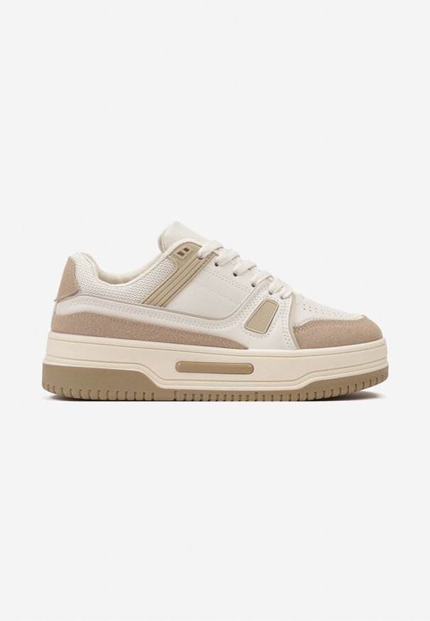Renee - Ciemnobeżowe Sneakersy ze Wstawkami z Ekozamszu na Grubej Podeszwie Anecta. Kolor: beżowy. Materiał: jeans. Wzór: nadruk