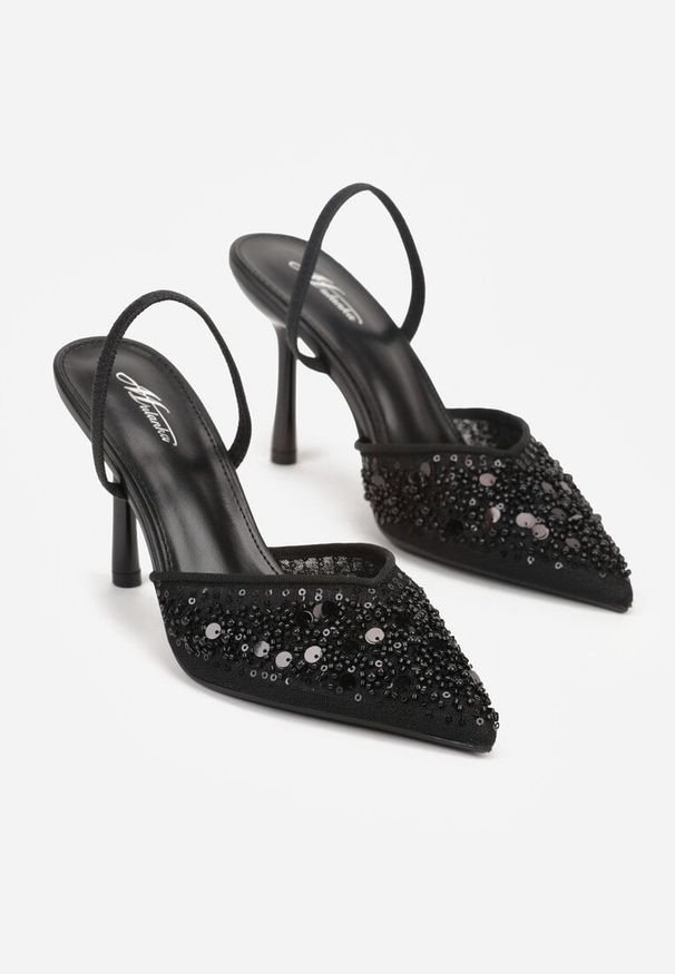 Born2be - Czarne Szpilki z Odkrytą Piętą i Aplikacjami z Perełkami i Cekinami Senefera. Okazja: na sylwestra. Kolor: czarny. Materiał: futro, satyna. Wzór: aplikacja. Obcas: na szpilce. Styl: elegancki, klasyczny