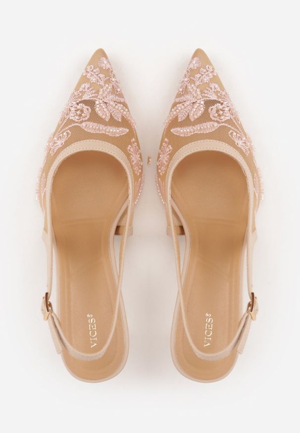 Renee - Beżowe Czółenka Slingback z Siateczki VICES na Kaczuszce z Haftem i Koralikami Vilin. Okazja: na wesele, na imprezę, na ślub cywilny. Zapięcie: pasek. Kolor: beżowy. Wzór: haft. Obcas: na szpilce. Styl: klasyczny, elegancki