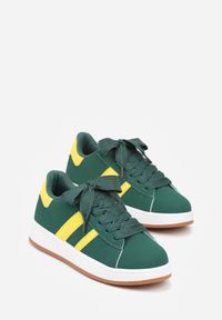 Renee - Zielone Sneakersy na Niskiej Platformie z Naszywkami Flordexia. Okazja: na co dzień. Kolor: zielony. Materiał: jeans. Wzór: aplikacja. Obcas: na platformie #3