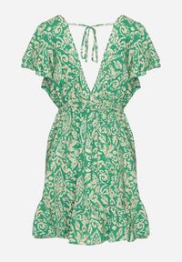 Born2be - Zielona Rozkloszowana Bawełniana Sukienka z Gumką w Talii i Falbanami Nelsea. Kolor: zielony. Materiał: bawełna. Sezon: lato #3