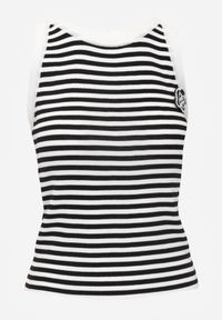 Renee - Biało-Czarny Top z Wiskozy w Paski z Ozdobną Broszką Dinette. Kolor: biały. Materiał: wiskoza. Długość rękawa: bez rękawów. Wzór: paski #4