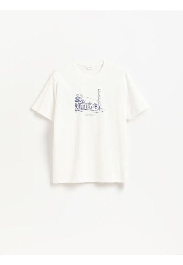 Reserved - T-shirt regular z nadrukiem - złamana biel. Materiał: bawełna, dzianina. Wzór: nadruk