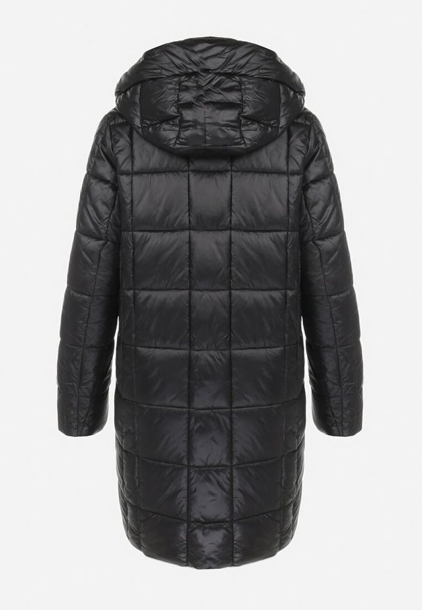 Born2be - Czarna Kurtka Pikowana Długa z Kontrastowymi Lampasami Feosa. Kolekcja: plus size. Kolor: czarny. Materiał: tkanina. Długość: długie. Wzór: aplikacja, gładki, geometria