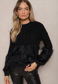 Renee - Czarny Sweter z Domieszką Wełny Ozdobiony Długim Włosiem Merilos. Kolekcja: plus size. Kolor: czarny. Materiał: wełna. Długość rękawa: długi rękaw. Długość: długie. Wzór: aplikacja. Styl: elegancki, klasyczny #1