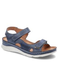 Niebieskie Sandały Kampa Wygodne Skórzane Buty Na Lato. Zapięcie: rzepy. Kolor: niebieski. Materiał: skóra. Wzór: aplikacja. Sezon: lato. Obcas: na obcasie. Styl: klasyczny, sportowy. Wysokość obcasa: średni #1