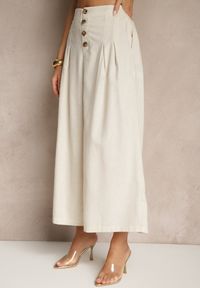 Renee - Beżowe Spodnie Culottes High Waist z Bawełny Zdobione Guzikami Izuma. Okazja: na co dzień. Stan: podwyższony. Kolor: beżowy. Materiał: bawełna. Wzór: aplikacja. Styl: elegancki, casual #3