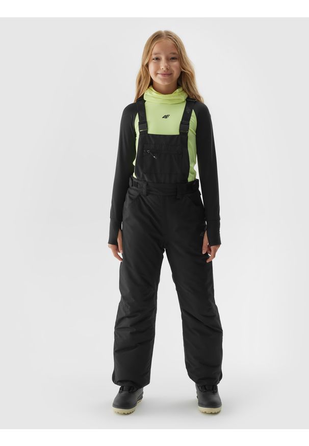 4f - Spodnie narciarskie z szelkami membrana 10000 dziewczęce - czarne. Kolor: czarny. Materiał: syntetyk, materiał, tkanina. Sezon: zima. Sport: narciarstwo
