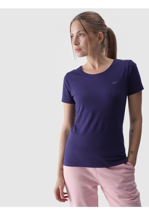 4f - 4F T-shirt slim gładki damski - granatowy XL. Okazja: na co dzień. Kolor: niebieski. Materiał: dzianina, materiał, jersey, bawełna, elastan. Długość rękawa: krótki rękaw. Długość: krótkie. Wzór: gładki. Styl: casual, sportowy