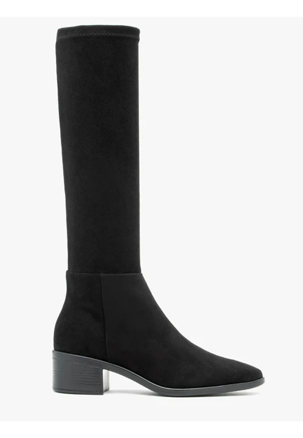 Ryłko - Czarne elastyczne kozaki. Okazja: na co dzień. Zapięcie: zamek. Kolor: czarny. Materiał: syntetyk. Szerokość cholewki: wąska. Obcas: na obcasie. Styl: casual, elegancki, street. Wysokość obcasa: średni