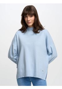Big-Star - Sweter damski typu poncho niebieski Rajana 400. Kolor: niebieski. Materiał: wiskoza, skóra, prążkowany. Wzór: ze splotem. Sezon: lato. Styl: elegancki #6
