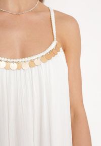 Born2be - Biała Wiskozowa Sukienka z Ramiączkami Zdobiona Cekinami i Metaliczną Nitką Comalara. Okazja: na co dzień, na imprezę. Typ kołnierza: dekolt w serek. Kolor: biały. Materiał: wiskoza. Długość rękawa: na ramiączkach. Wzór: aplikacja. Styl: casual #3