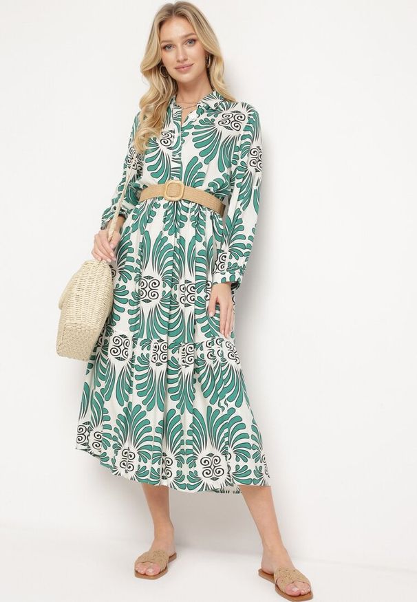 Born2be - Zielono-Biała Sukienka z Wiskozy z Podpinanymi Rękawami Zapinana na Guziki z Falbanką Kiosara. Typ kołnierza: dekolt w serek. Kolor: zielony. Materiał: wiskoza. Sezon: wiosna, lato. Styl: elegancki, klasyczny